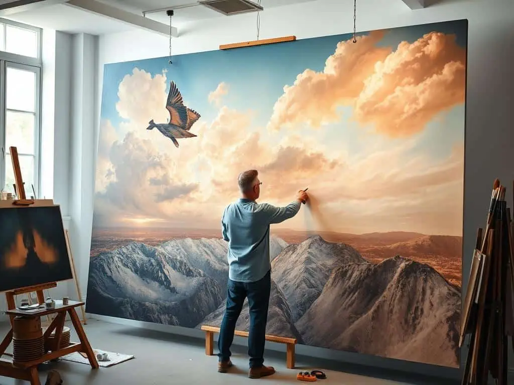Artist creating a custom-sized art oil painting reproduction Artist creating a custom-sized art oil painting reproduction