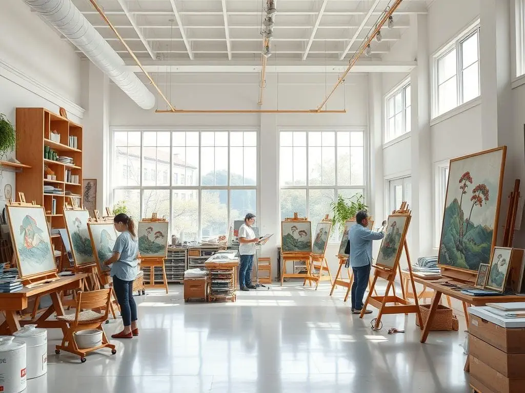 Artist studio in Asia showing the creation process of an art oil painting reproduction Artist studio in Asia showing the creation process of an art oil painting reproduction