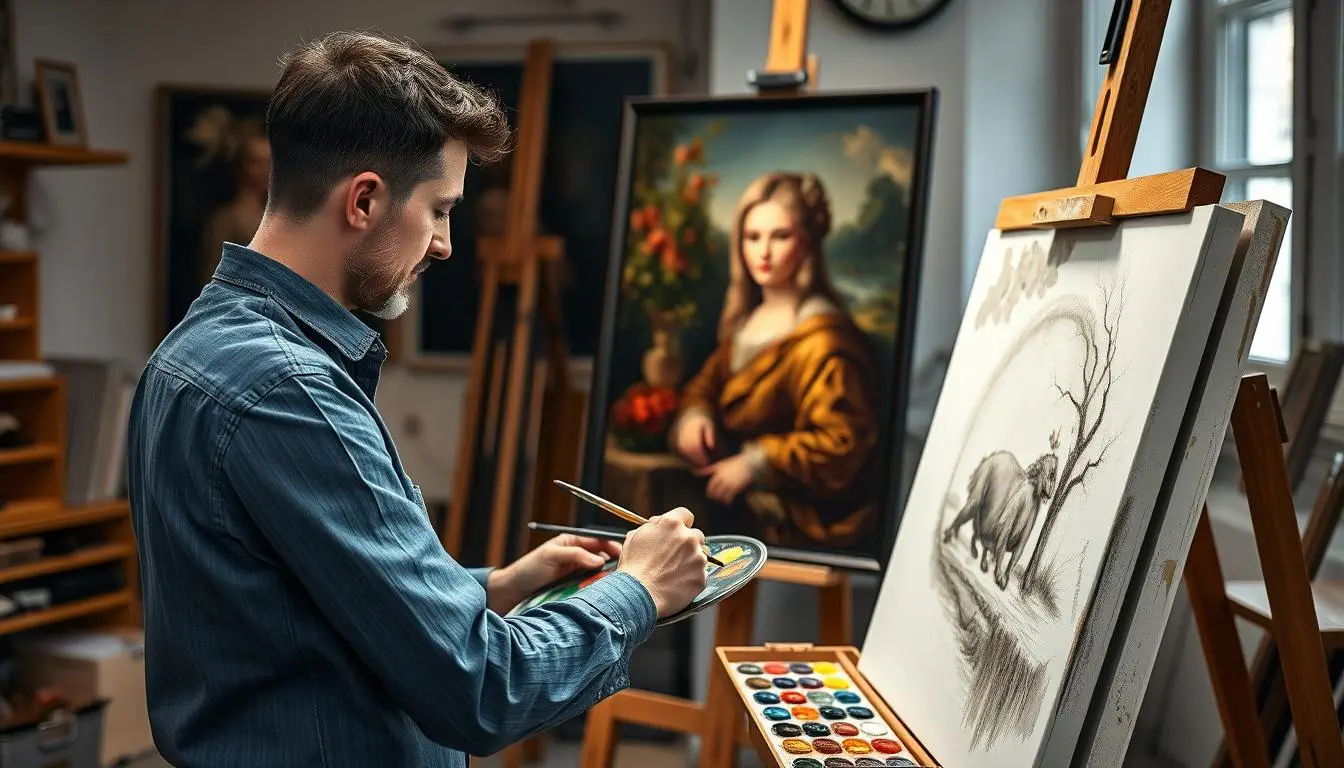 Artist working on an art oil painting reproduction in the Sky Art Print Gallery studio