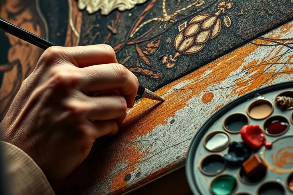 Close-up of artist working on detailed brushwork for an art oil painting reproduction Close-up of artist working on detailed brushwork for an art oil painting reproduction