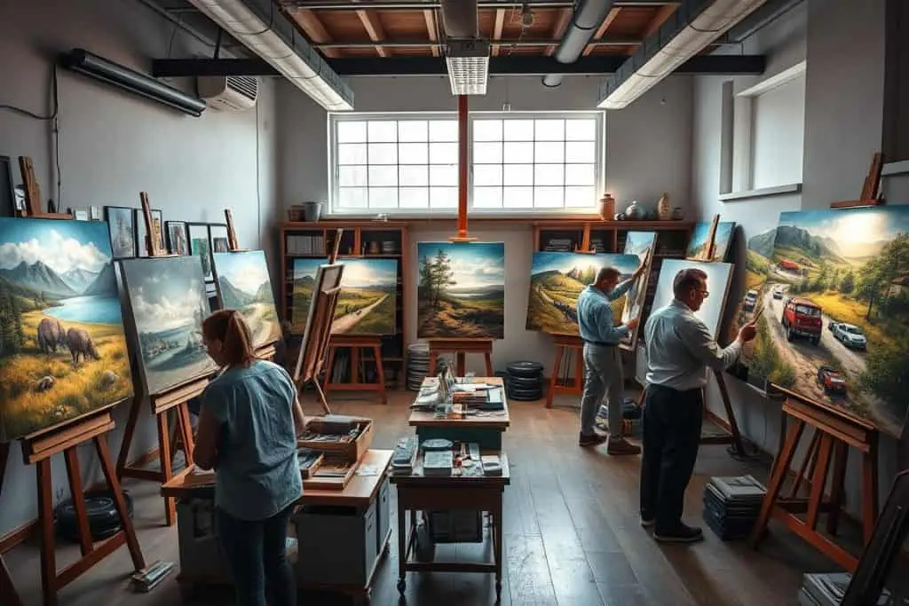 Group of professional artists working on various art oil painting reproductions in the studio Group of professional artists working on various art oil painting reproductions in the studio
