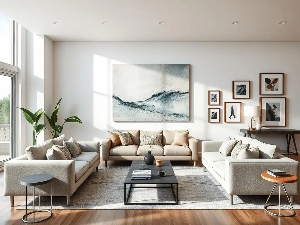 Modern abstract artwork displayed in a contemporary living room setting Modern abstract artwork displayed in a contemporary living room setting