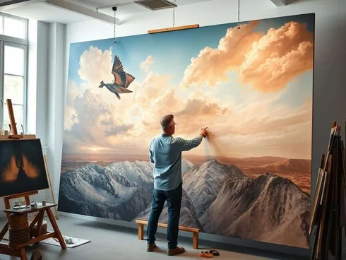 Artist creating a custom-sized art oil painting reproduction Artist creating a custom-sized art oil painting reproduction