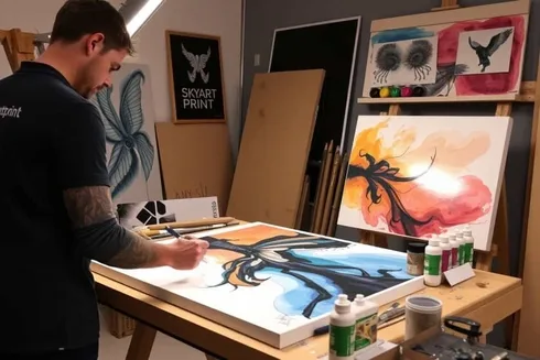 Tác phẩm nghệ thuật hiện đại tùy chỉnh đang được tạo ra cho một khách hàng tại Sky Art Print Custom modern artwork being created for a client at Sky Art Print